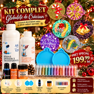 Kit Complet Rășină Epoxidică 1,5 L pentru Globulețe de Crăciun – 2 Matrițe, Pigmenți și 12 Sclipiciuri | Perfect Home