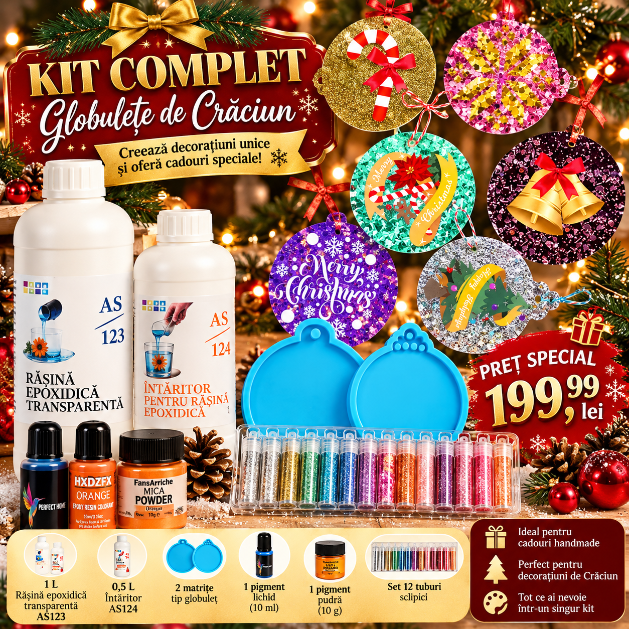 Kit Complet Rășină Epoxidică 1,5 L pentru Globulețe de Crăciun – 2 Matrițe, Pigmenți și 12 Sclipiciuri | Perfect Home